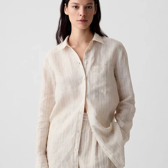 GAP - 100% Linen - Boyfriend Shirt - Neutral Stripe - M - Picture 5 of 5